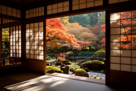 Scenery of brilliant maple foliage in the courtyard garden viewed through the Shoji window of a traditional Japanese Tatami room on a beautiful sunny autumn dayの素材