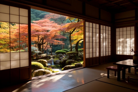 Scenery of brilliant maple foliage in the courtyard garden viewed through the Shoji window of a traditional Japanese Tatami room on a beautiful sunny autumn dayの素材
