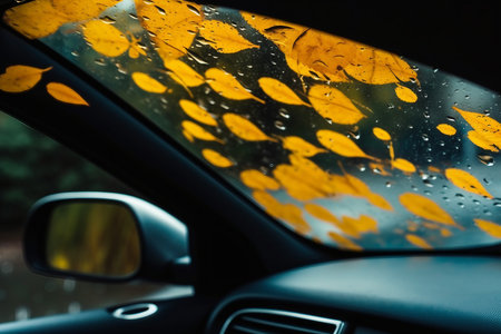 Autumn leaves and raindrops on the windshield of a car. Inside view. selective focusの素材
