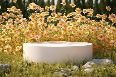 Natural beauty podium backdrop with spring flower field. 3d rendering.の素材