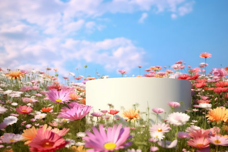 Natural beauty podium backdrop with spring rose flower field scene. 3d renderingの素材
