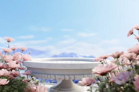 Natural beauty podium backdrop with spring rose flower field scene. 3d renderingの素材