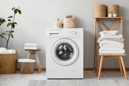 Domestic room interior with modern washing machine and laundry basketsの素材