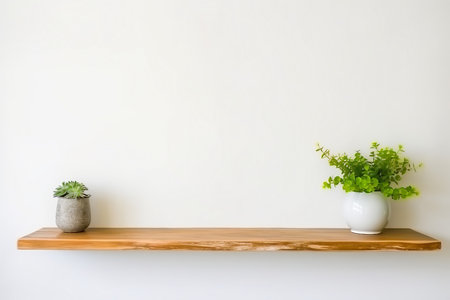 interior design, wooden shelf on white wall with green plant.の素材