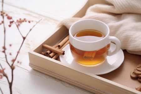 Tea tray and sweater, white wood background, tonedの素材