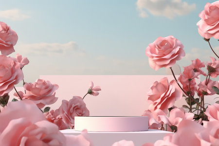 Natural beauty podium backdrop for product display with pink rose flower. 3d render.の素材