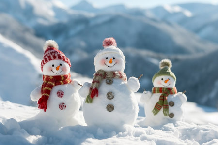 Happy snowman in mountains, copy spaceの素材
