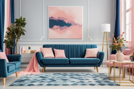 Patterned carpet in pink and blue living room interior with sofa against white wall with paintingの素材
