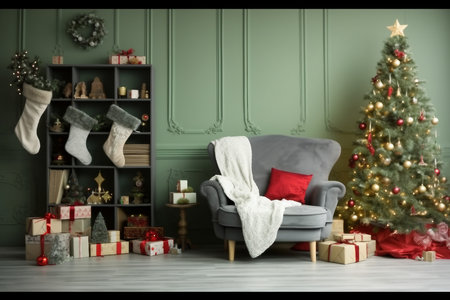 Interior of beautiful room decorated for Christmas. generative AI.の素材