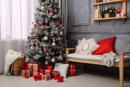 Interior of modern room with Santa bag, treats and Christmas tree.generative ai.の素材