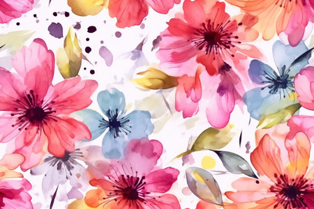 watercolor painting colorful splashes on a white floral background flower leaf. generative AI.の素材