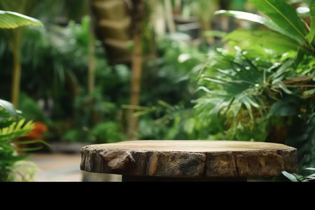 Table top wood counter floor podium in nature outdoors tropical forest garden blurred green jungle plant background.natural product present placement pedestal stand display. generative AI.の素材