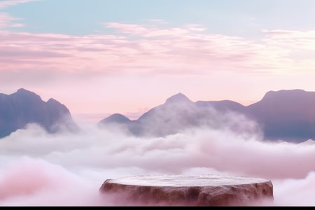 Surreal stone podium outdoors on clouds in soft blue sky pink pastel misty mountain nature landscape.Beauty cosmetic product placement pedestal present display,spring summer paradise. generaive AI.の素材