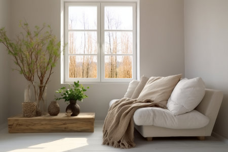 Cozy living room interior with beige sofa, knitted blanket and cushions.generative ai.の素材