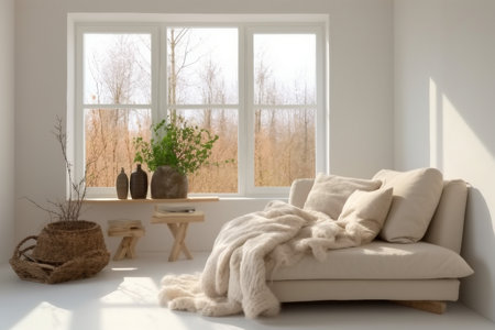Cozy living room interior with beige sofa, knitted blanket and cushions.generative ai.の素材