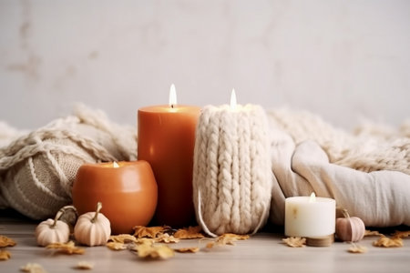 Autumn table decoration. Interior decor for fall holidays with handmade pumpkins and candles. Holiday greeting card, generative AIの素材
