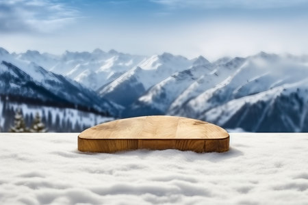 winter snow on table and pedestal of free space for your decoration. Landscape of mountains and winter time. generative AI.の素材