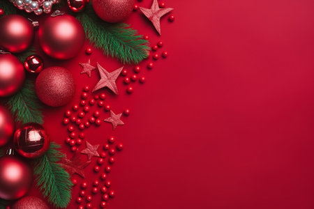 Christmas card with fir and decoration on glitter background. generative AI.の素材