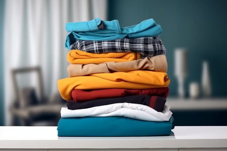 Stack of colorful clothes. Pile of clothing on table empty space background. Laundry and household. generative AI.の素材