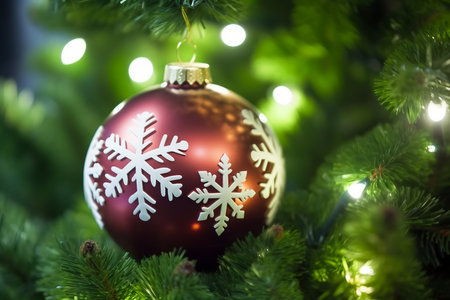 Green Christmas tree with Ball and light for winter season. generative AI.の素材