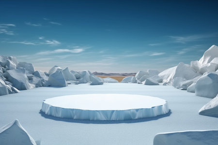 3d render winter platform and natural podium background, Ice podium on the ice snow rock product display, advertising, cosmetic skincare with empty round stage. generative AI.の素材