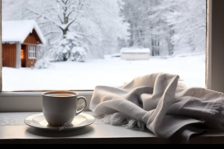 Cozy winter still life cup of hot coffee and opened book with warm plaid on vintage windowsill of cottage against snow landscape with snowdrift from outside.generative ai.の素材