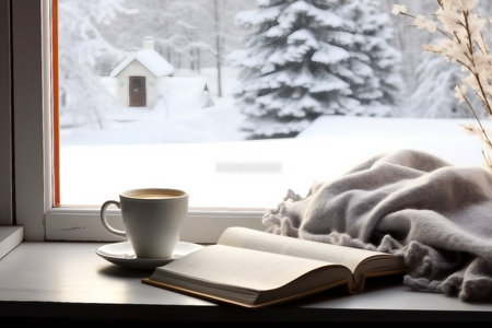 Cozy winter still life cup of hot coffee and opened book with warm plaid on vintage windowsill of cottage against snow landscape with snowdrift from outside.generative ai.の素材