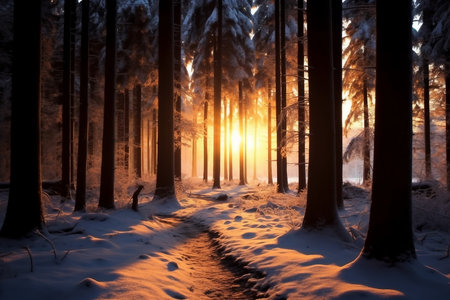 Sunset in the wood between the tree strains in winter period. generative AI.の素材
