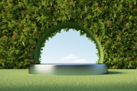platform and Natural podium background on the grass field with green leaf arch door for product display, Blank showcase, mock up template or cosmetic presentation. generative AI.の素材