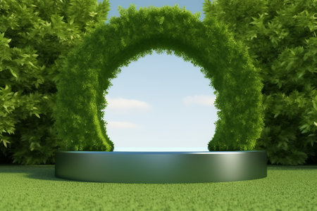 platform and Natural podium background on the grass field with green leaf arch door for product display, Blank showcase, mock up template or cosmetic presentation. generative AI.の素材