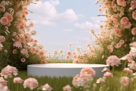 Natural beauty podium backdrop with spring flower field. 3d rendering. gerative AI.の素材