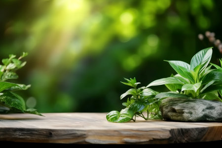 Natural stone and concrete podium in Natural green background for Empty show for packaging product presentation. Background for cosmetic products, the scene with green leaves. generative AI.の素材