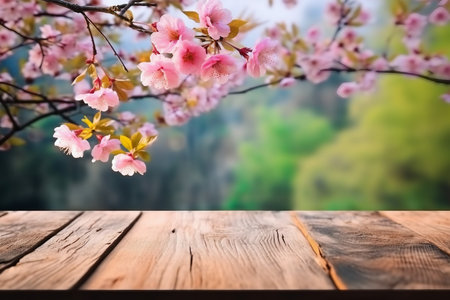 old wood floor with pink Sakura flowers blooming blossom blurred background. generative AI.の素材