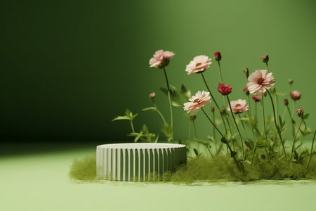 podium, display. Green background with flower, green grass and sun shadow. Nature minimal pedestal. Beauty, cosmetic product presentation mockup. Spring, summer landscape. generative AI.の素材