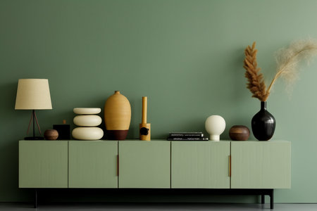 Modern living room interior composition with modern home decorations and personal accessories on the eucalyptus wooden commode. Eucalyptus wall. Template. Copy space. generative AIの素材