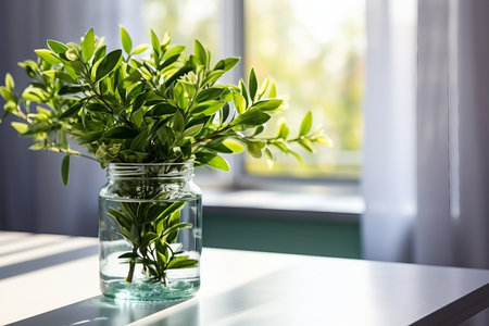interior design, Morning spring still life, plants ruscus branches in a jar of water. generative AI.の素材