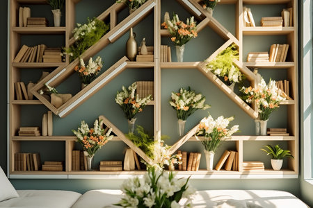interior design, Modern spring interior with built-in bookcase.luxurious living room and interior design.daylight. generative AI.の素材