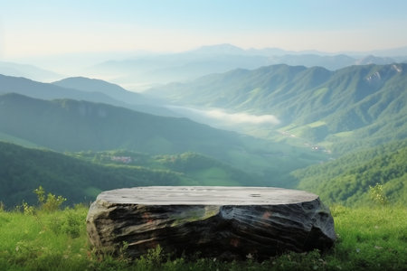 mockup of empty Stone granite podium rock table top on green grass with outdoor mountain scene nature landscape at sunrise background. generative AI.の素材