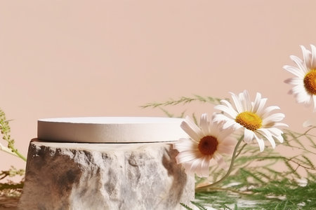 Empty mockup of stone podium, Cosmetic display stand with daisy blossom flowers on brown background. generative AI.の素材