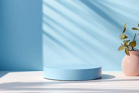 mock up of empty Pastel blue cylinder shape podium on white table against bright wall background with window shadows. generative AI.の素材