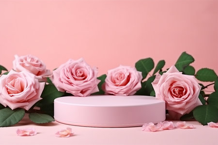 Blank podium with pink roses on pink background. Showcase for product, perfume, jewelry and cosmetic presentation. generative AI.の素材