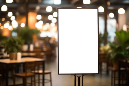 mockup white poster with black frame stand in front of blur restaurant cafe background for show or present promotion product concept. generative AI.の素材