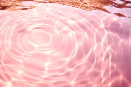Closeup of pink transparent clear calm water surface texture with splashes and bubbles. Trendy abstract summer nature background. Coral colored waves in sunlight. generative AI.の素材
