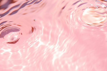 Closeup of pink transparent clear calm water surface texture with splashes and bubbles. Trendy abstract summer nature background. Coral colored waves in sunlight. generative AI.の素材