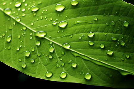 A beautiful fresh green leaf covered with raindrops and highlighted by the sun. The plant has a beautiful expressive structure. generative AI.の素材