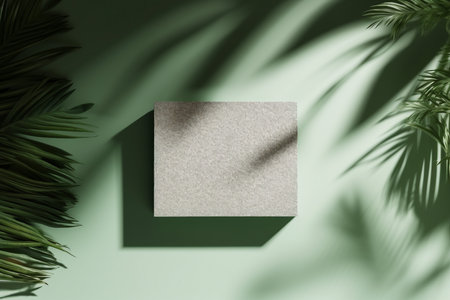 3D background, stone display flat lay podium on natural pastel green backdrop and palm shadow. Product promotion Beauty cosmetic tropical showcase. generative AI.の素材