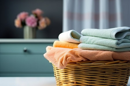Towel basket on the background of the wash room. generative AI.の素材