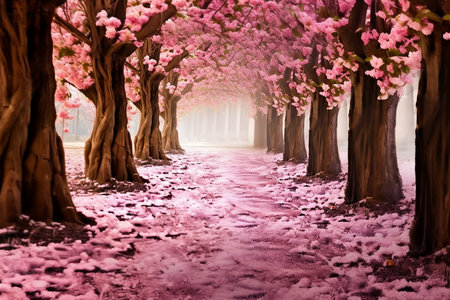 The romantic tunnel of pink flower trees. generative AI.の素材
