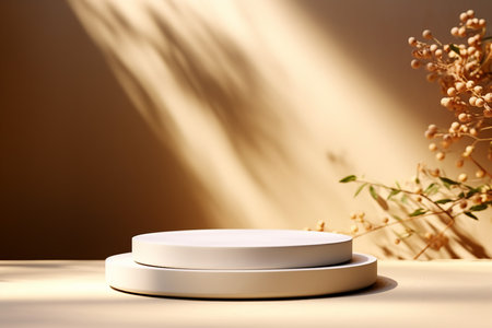 Abstract minimal nature scene, empty stage and white circle podium on beige background and soft shadows of tree leaves. Pedestal for cosmetic product and packaging mockups. generative AI.の素材