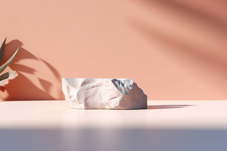 Minimal stone podium with warm pastel color for packaging, branding and cosmetic presentation, Product display with natural sunshade and shadow on background. generative AI.の素材